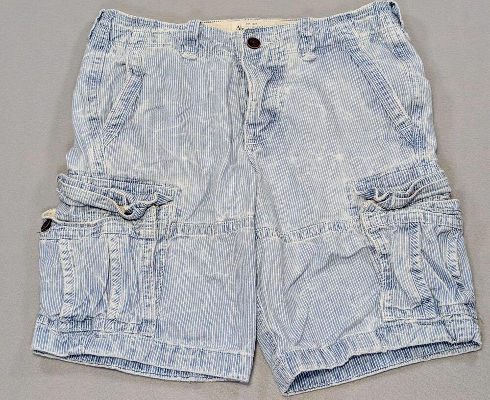 Abercrombie & Fitch Cargo Shorts Mens 31 Button Fly Blue White Striped Heavy Y2K